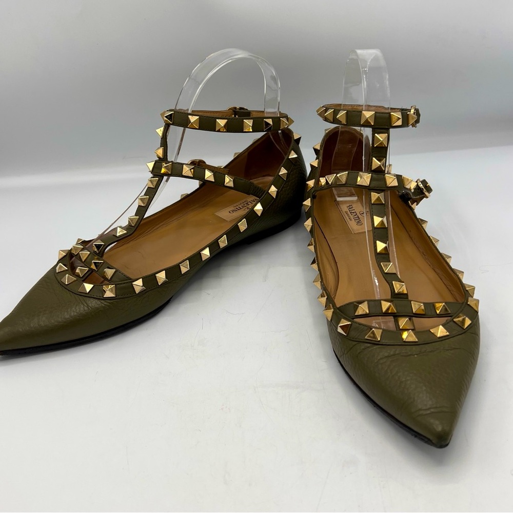 Valentino Garavani Olive Flats with Gold Studs